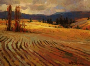 Gjetost is a warm, rich, gold color -- along the lines of the hues in this painting, Break in the Weather by Steve Henderson. Available as an original or limited edition print.