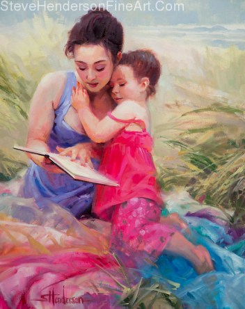 Seaside Story inspirational original oil painting of mother and child on ocean beach reading book by Steve Henderson licensed wall art home decor at Framed Canvas Art, iCanvas, Great Big Canvas, Amazon.com, Art.com, and Allposters.com