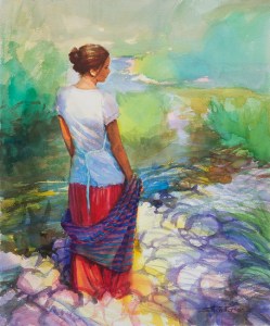 Knitting is a fairly solitary, contemplative occupation. Riverside Muse, original watercolor by Steve Henderson
