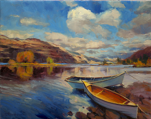 If there is any "secret" to saving money and living well, it's this -- use what you've got. If it's yacht, use the yacht; if it's a rowboat, use the rowboat. Shore Leave, original at Steve Henderson Fine Art; licensed open edition print at Great Big Canvas.