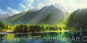 Peace original oil painting and licensed print of wallowa lake and mountains by Steve Henderson