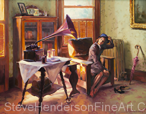 Ending the Day on a Good Note inspirational 1940s nostalgia original oil painting woman in suit with hat near gramophone by Steve Henderson