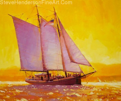 Golden Sea sailboat on yellow orange ocean water original inspirational oil painting by Steve Henderson