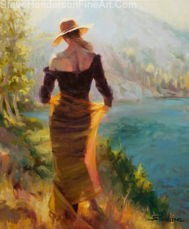 Lady of the Lake woman in gold skirt and hat standing by water in mountains original oil painting by Steve Henderson