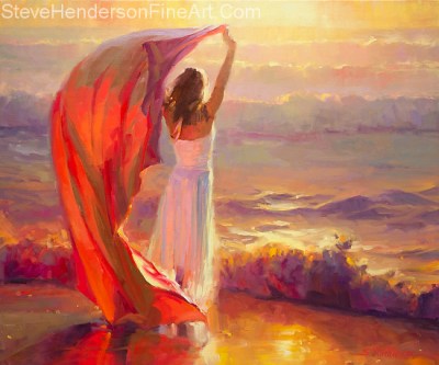 Ocean Breeze oil painting of woman with red cloth on beach at sunset by Steve Henderson