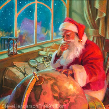 The World Traveler inspirational oil painting of Santa at North Pole with world globe by Steve Henderson