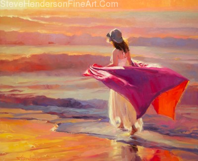 Catching the Breeze inspirational original oil painting of woman walking along ocean sea beach by Steve Henderson