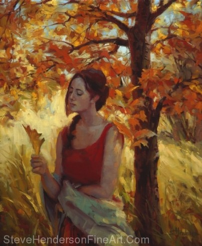 Contemplation inspirational original oil painting of girl with autumn leaves orange and red next to tree by Steve Henderson