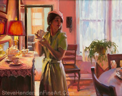 MIdday Tea inspirational original oil painting of woman in 1940s nostalgia with tea cups in Victorian dining room by Steve Henderson