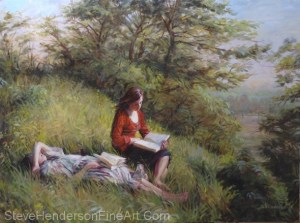 Provincial Afternoon inspirational original oil painting of two girls reading in meadow by Steve Henderson