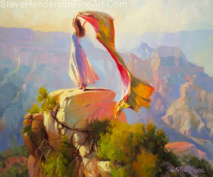 Spirit of the Canyon inspirational original oil painting of girl in grand canyon with rock by Steve Henderson