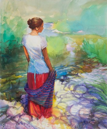 Riverside Muse inspirational original watercolor painting of woman by river with shawl licensed prints at iCanvasART and Framed Canvas Art by Steve Henderson