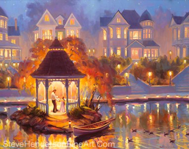 Autumn Dance inspirational original oil painting of father and daughter dancing in gazebo by pond by Steve Henderson licensed prints at iCanvasART, Framed Canvas Art, and Vision Art Galleries