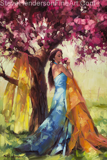 Blossom inspirational original oil painting of woman by fruiting and flowering tree by Steve Henderson licensed prints at Framed Canvas Art and amazon.com