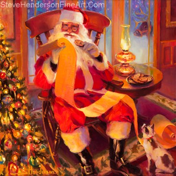 The Christmas List inspirational original oil painting of Santa in North Pole with reindeer by Steve Henderson licensed print at iCanvasART and discount decorative flags