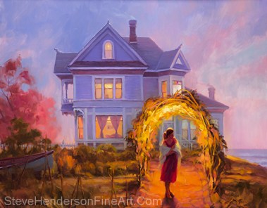 Lady in Waiting inspirational original oil painting of woman at ocean near Victorian House by Steve Henderson licensed prints at amazon.com, icanvasart, and framed canvas art.