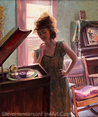 Phonograph Days inspirational original oil painting of woman in Victorian House by Steve Henderson