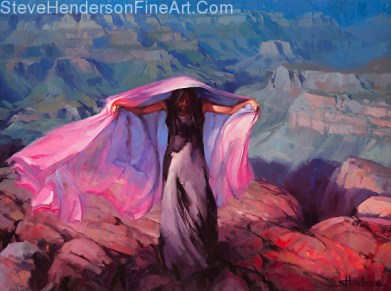 She Danced by the Light of the Moon inspirational original oil painting of woman with pink cloth in Grand Canyon by Steve Henderson, licensed prints at art.com, amazon.com, Framed Canvas Art, and Great Big Canvas