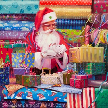 All Wrapped Up inspirational original oil painting of Santa Clause at Christmas Holiday by Steve Henderson