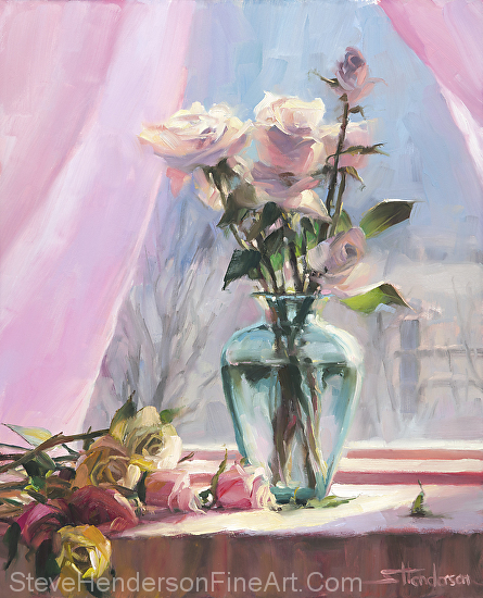 Morning's Glory inspirational original oil painting of still life floral roses in green glass vase by Steve Henderson