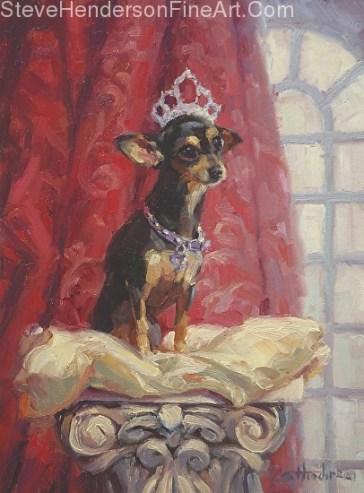 Ruby inspirational original oil painting of chihuahua dog dressed as a queen on a pillow by Steve Henderson