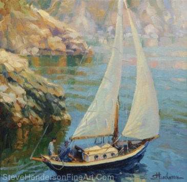 Saturday inspirational original oil painting of sailboat on sound by Steve Henderson