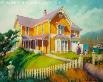 Sophie and Rose inspirational original oil painting of woman and little girl hanging up clothes outside Victorian home at ocean beach by Steve Henderson, licensed prints at amazon.com, art.com, allposters.com, great big canvas, iCanvasART, and Framed Canvas Art