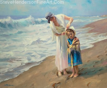 Beachside Diversions inspirational original oil painting of woman on seaside ocean beach with child by Steve Henderson, licensed prints at amazon.com, art.com, allposters.com, Framed Canvas Art, and Great Big Canvas