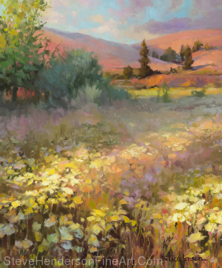Field of Dreams inspirational original oil painting of flowers in rural country meadow by Steve Henderson, licensed prints at Framed Canvas Art