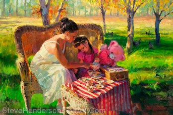 Afternoon Tea inspirational original oil painting of mother and child at tea party in meadow by Steve Henderson; licensed prints at Great Big Canvas, iCanvas, Framed Canvas Art, amazon.com, art.com, and allposters