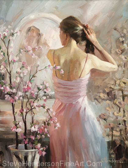 The Evening Ahead inspirational original oil painting of fashionable vogue woman dressing her hair by Steve Henderson