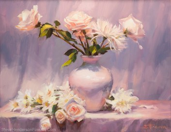 White on White inspirational original oil painting of flowers in a vase in neutral setting by Steve Henderson