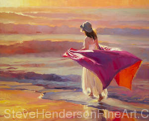 Catching the Breeze inspirational original oil painting of woman walking on ocean beach with flowing fabric by Steve Henderson licensed wall art home decor at allposters.com, art.com, amazon.com, framed canvas art, icanvas , Fulcrum Gallery, Prints.com, Poster Hero, Vintage Wall, and Great Big Canvas