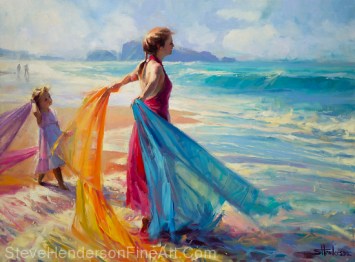 Into the Surf inspirational original oil painting of young woman and child at ocean beach with fabric by Steve Henderson licensed wall art home decor at icanvas, allposters.com, art.com, amazon.com, great big canvas, and framed canvas art