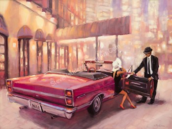 Into You inspirational original oil painting of woman and man on date with red car in front of hotel by Steve Henderson