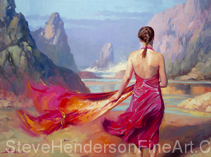 Cadence inspirational original oil painting of woman walking on coastal beach by Steve Henderson licensed wall art at Fulcrum Gallery, iCanvas, Allposters, Art.com, Prints.com