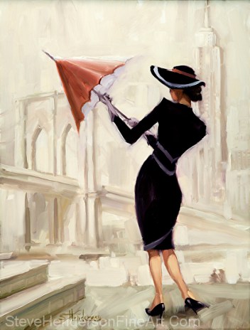 Hello New York inspirational original oil painting of fashionable vogue woman with red umbrella by Steve Henderson licensed wall art home decor at allposters.com and art.com