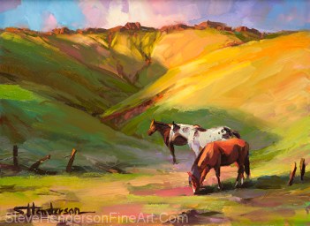 Three Horses inspirational oil painting of mountain meadow by Steve Henderson