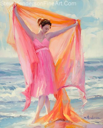 Grace inspirational original oil painting of woman dancing on coastal ocean beach in pink dress by Steve Henderson licensed wall art home decor at posterazzi, framed canvas art, amazon, great big canvas and prints.com