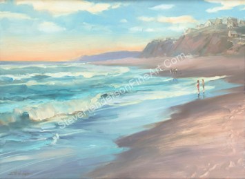 On the Beach inspirational original oil painting of people on ocean coast by Steve Henderson