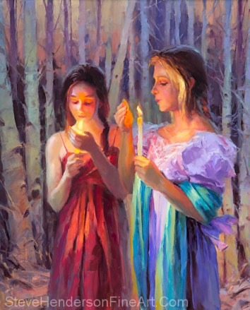 Light in the Forest inspirational original oil painting of two women with candles in the woods by Steve Henderson licensed wall art home decor at amazon.com, iCanvas, and framed canvas art