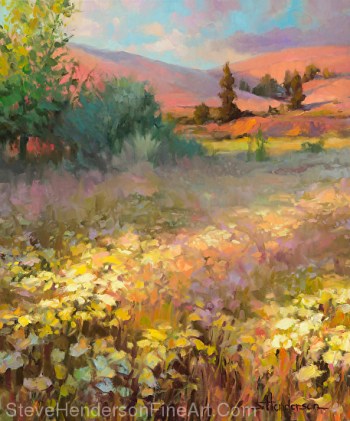 Field of Dreams inspirational original oil painting of flowers and meadow at sunrise by Steve Henderson licensed wall art home decor at prints.com, framed canvas art, vintage art, poster hero and fulcrum gallery