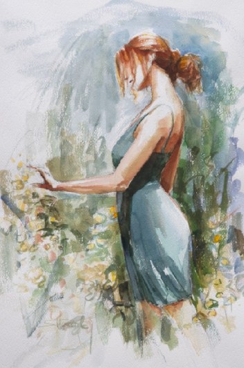 quiet contemplation woman country garden spring beauty steve henderson watercolor art