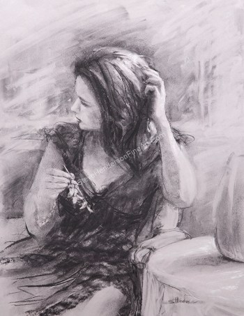 The Hair Pin inspirational original charcoal painting of woman sitting at table by Steve Henderson