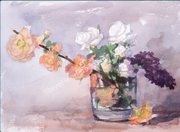 Early Blossoms original watercolor painting of shabby chic flowers in glass