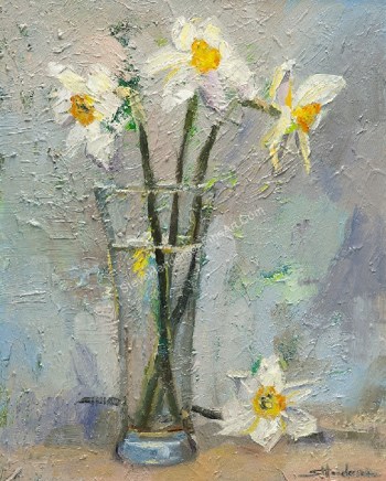 Floral texture original oil painting, shabby chic daffodils in a glass by Steve Henderson