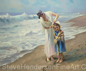 Beachside Diversions woman and child on ocean beach with nostalgia hat by Steve Henderson