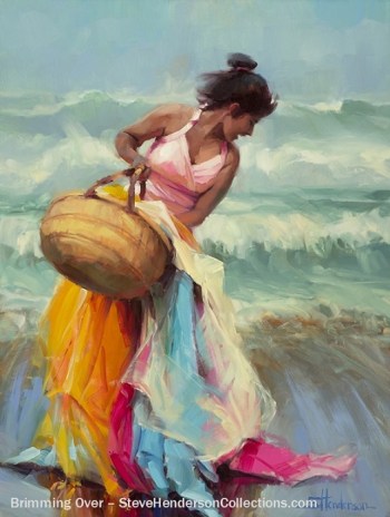 brimming over woman laughing basket fabric coast beach ocean steve henderson art
