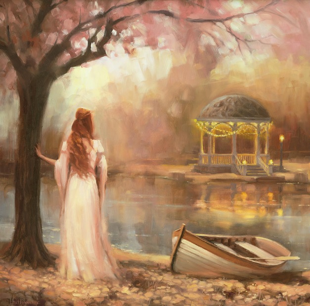 timeless woman romantic waiting gazebo rowboad
