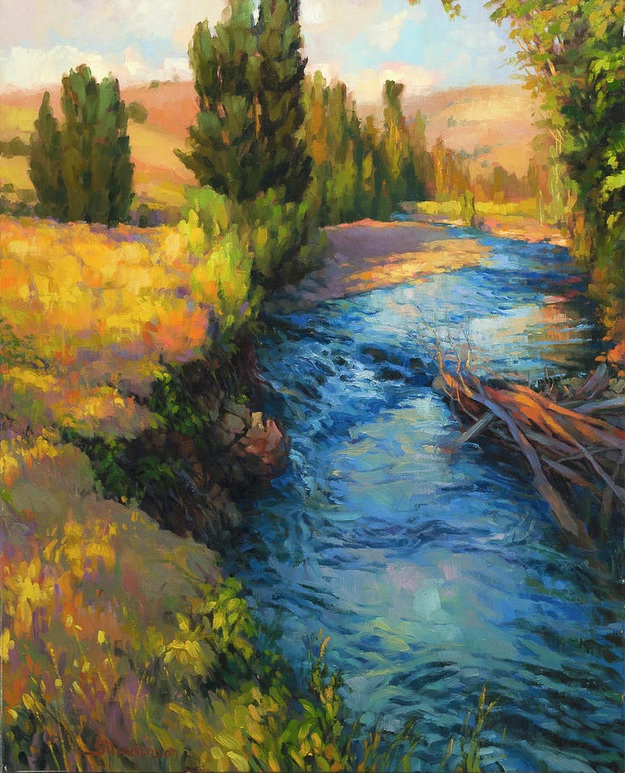 river country landscape rural blue meadows fields painting art peaceful calm